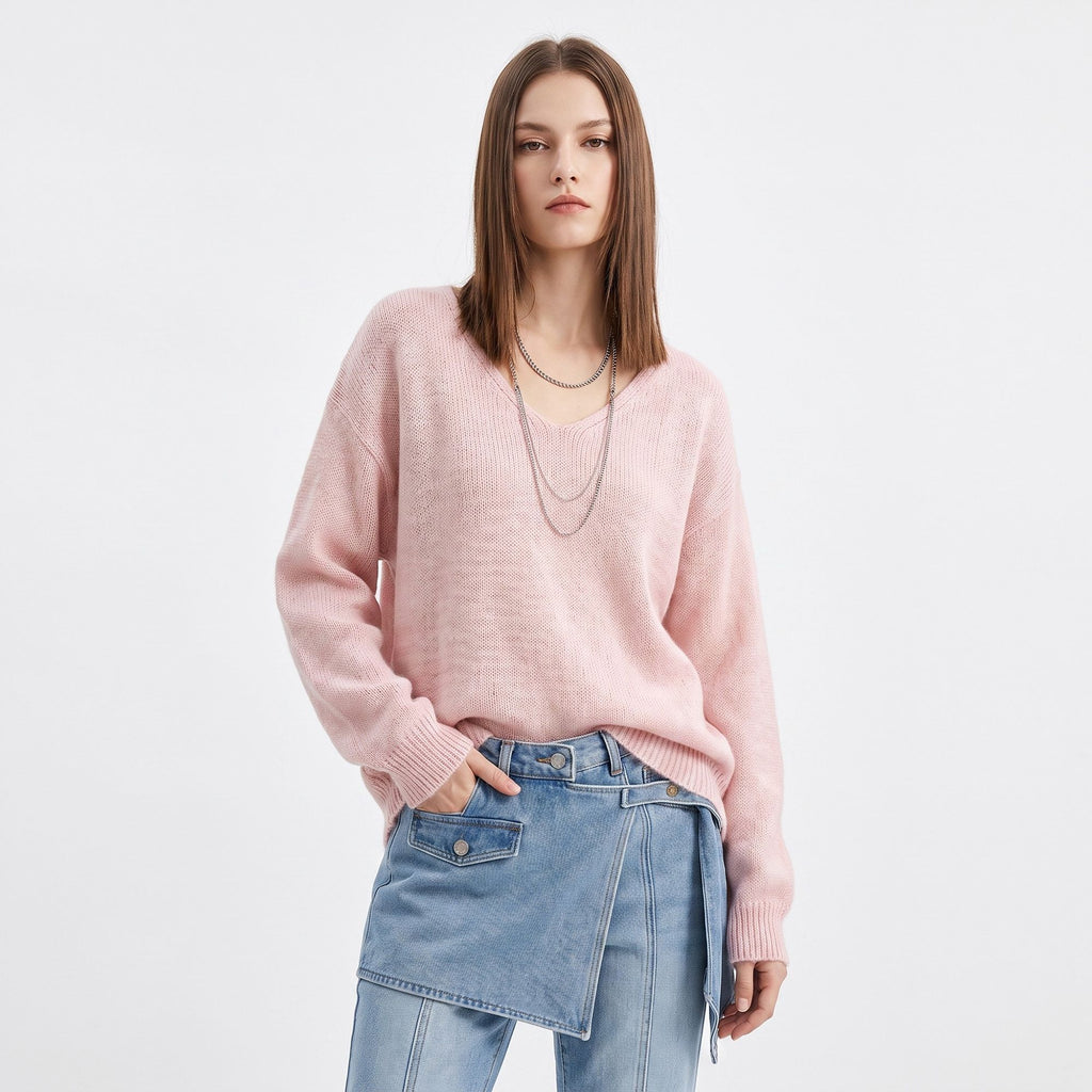 Oversized V Neck Longline Knit Pullover Sweater