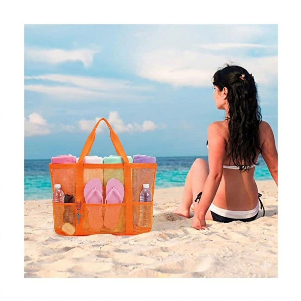 Mesh Beach Tote Bag Large Capacity Travel Shoulder Bag with Exterior Pockets Zipper Top Organizer