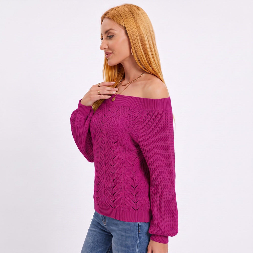 Off Shoulder Pointelle Knit Long Sleeve Sweater