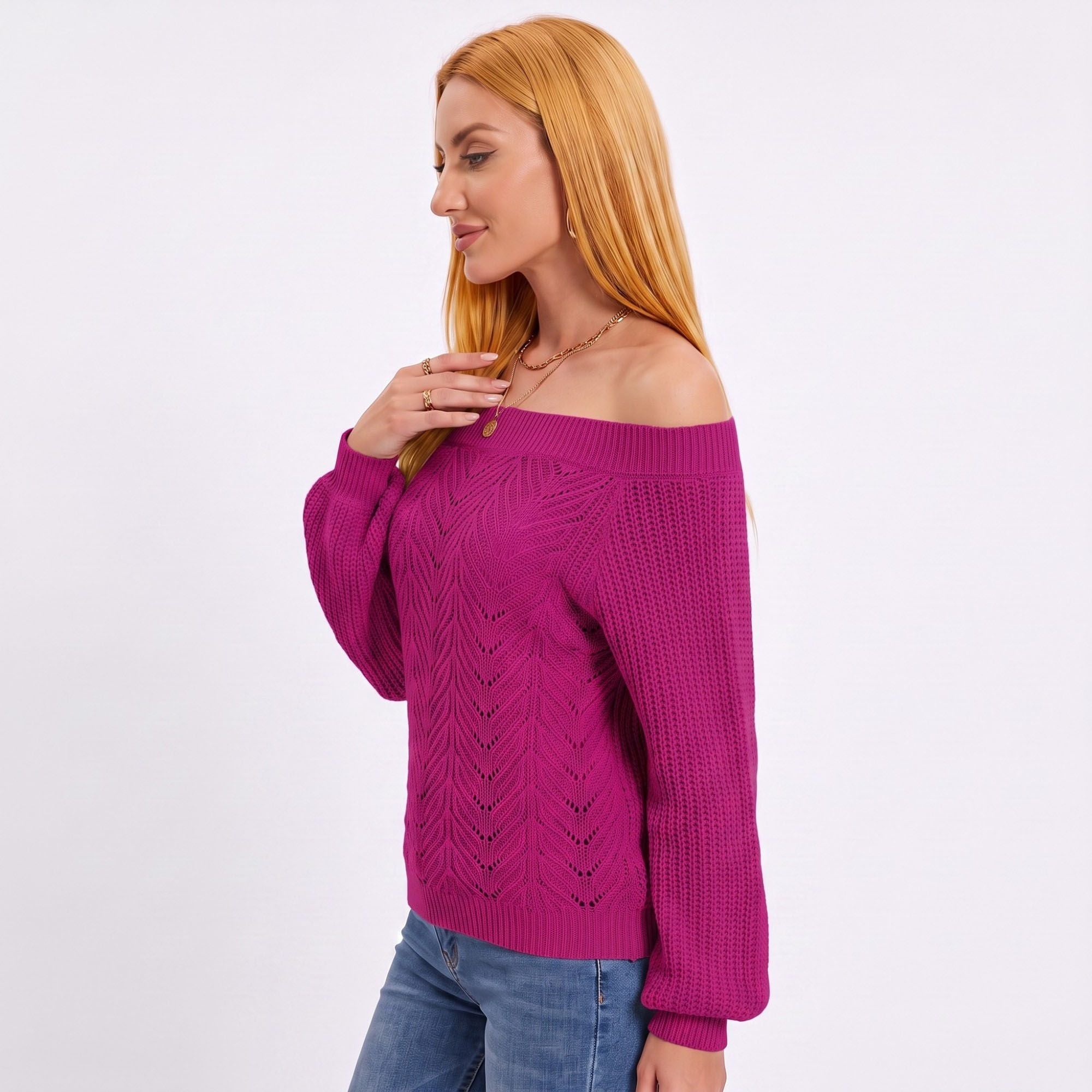 Off Shoulder Pointelle Knit Long Sleeve Sweater