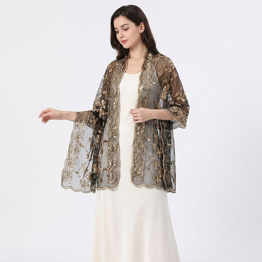 Sequin Shawl Wrap Sheer Mesh Evening Cover Up 75*23.5 Inches