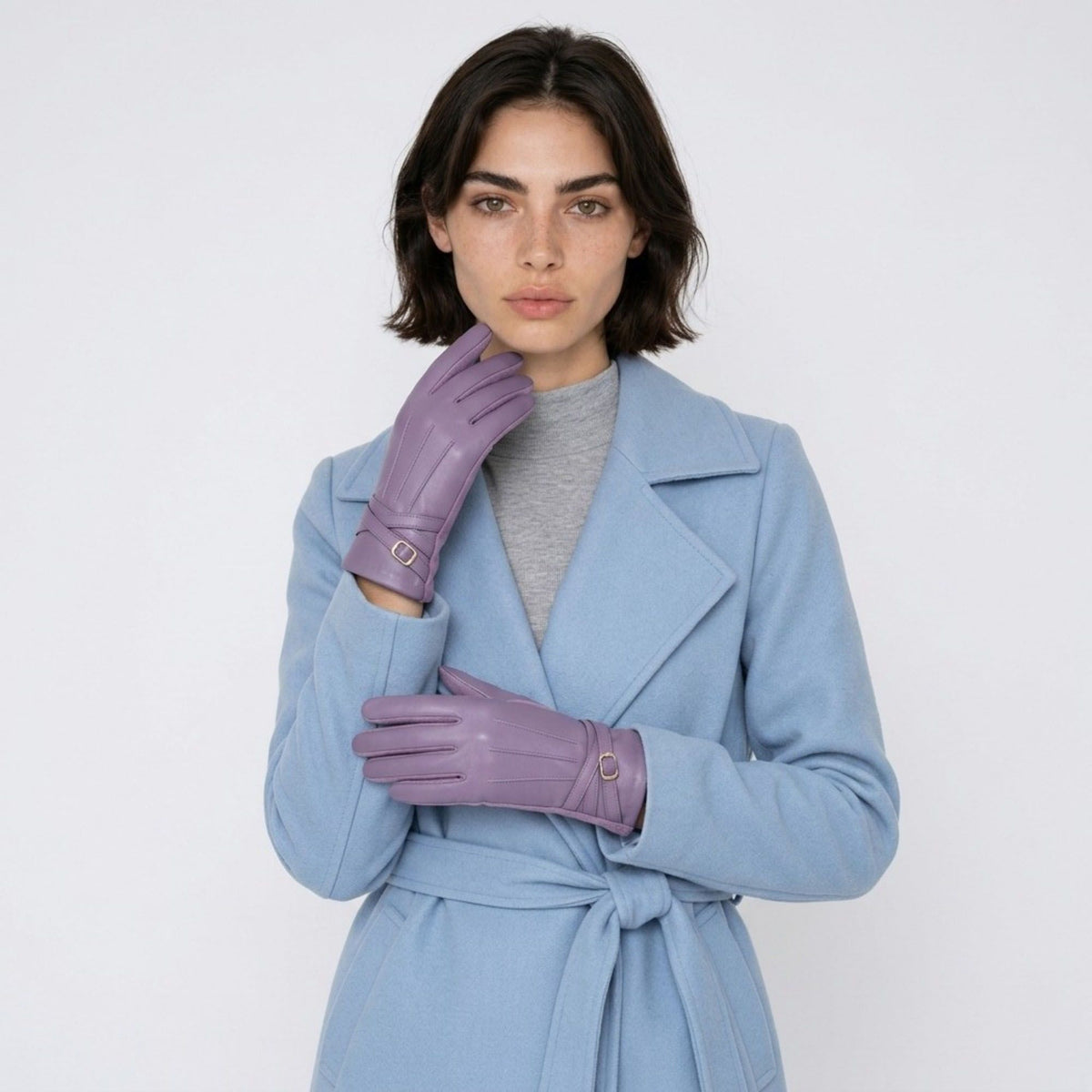 Faux Leather Winter Gloves with Crisscross Wrist Strap and Full Finger Design 9.4 x 3.3in
