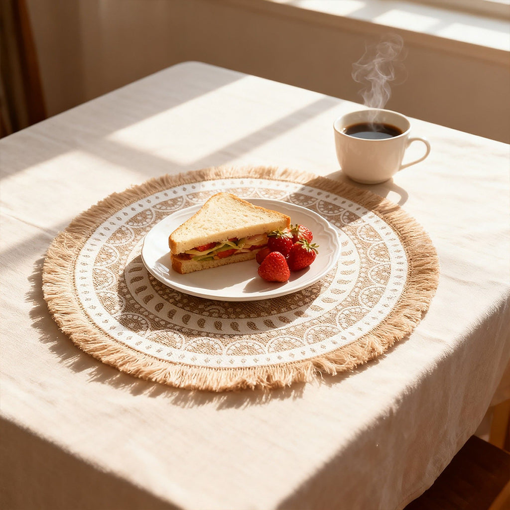 4 Piece Boho Round Placemat Set Woven Look Heat Resistant Table Mats for Dining Table