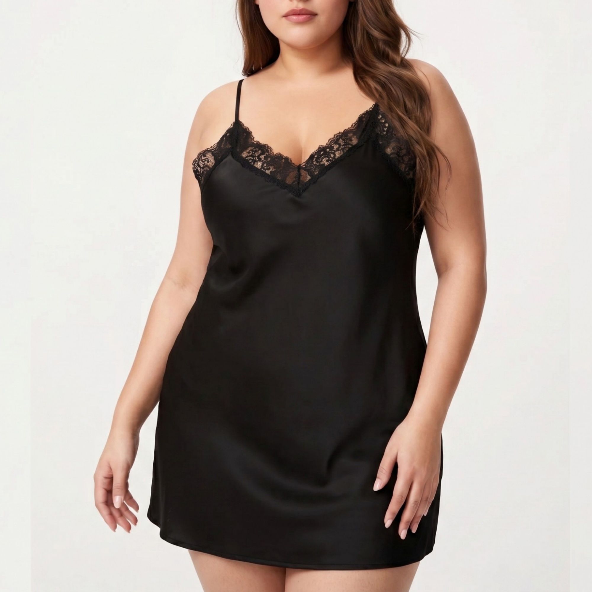 Anna-Kaci Lounge Women's Plus Size Satin Chemise Lace Trim V Neck Sleep Dress Adjustable Strap Slip Nightgown