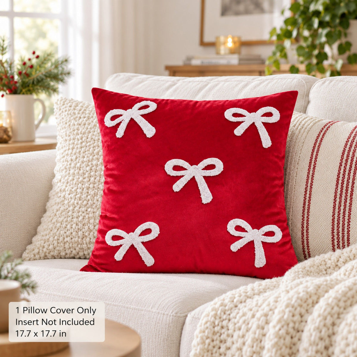 1 Piece Decorative Bow Throw Pillow Cover Soft Velvet Christmas Accent 18 x 18 Inch