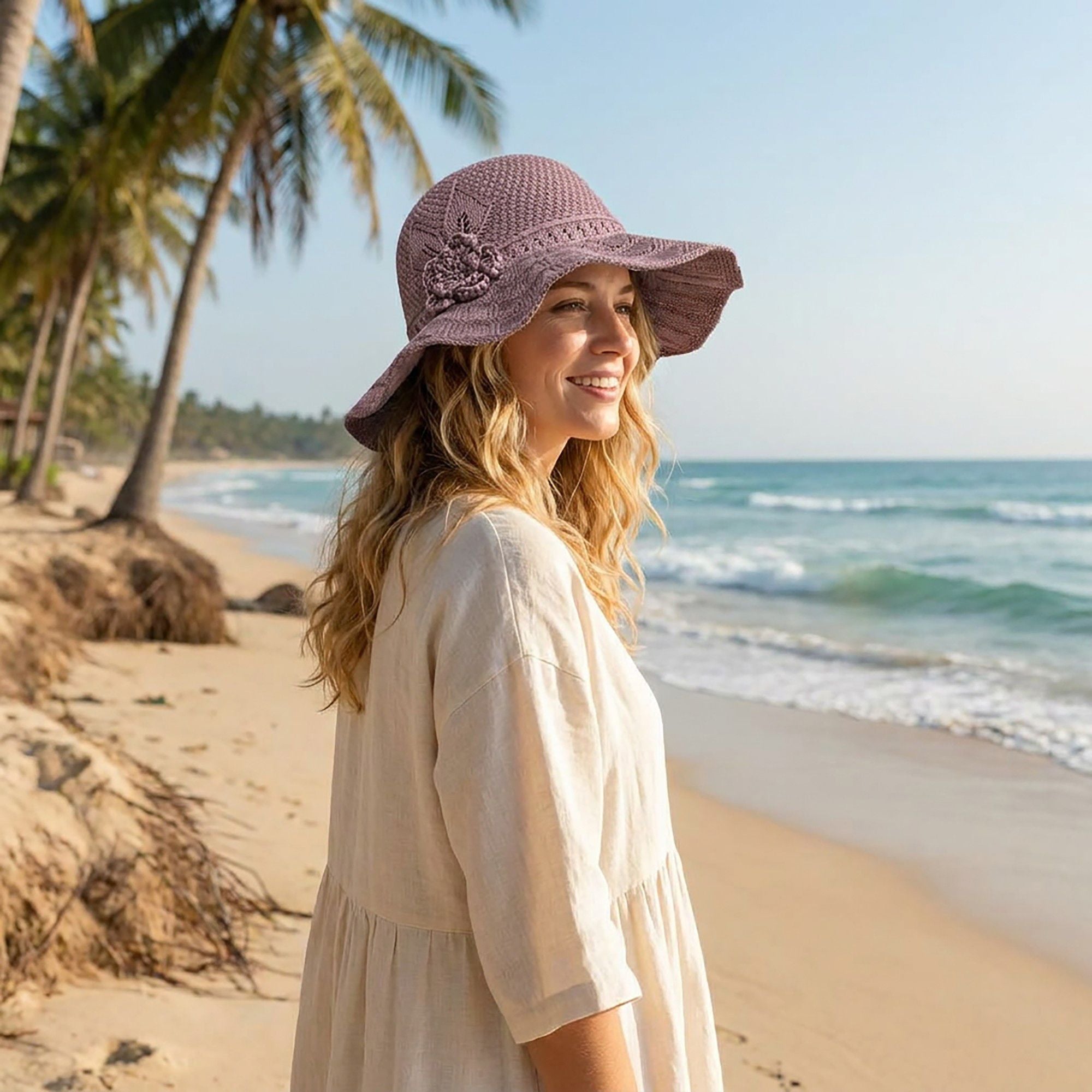 Crochet Wide Brim Sun Hat with Floral Accent Scalloped Edge and Chin Strap