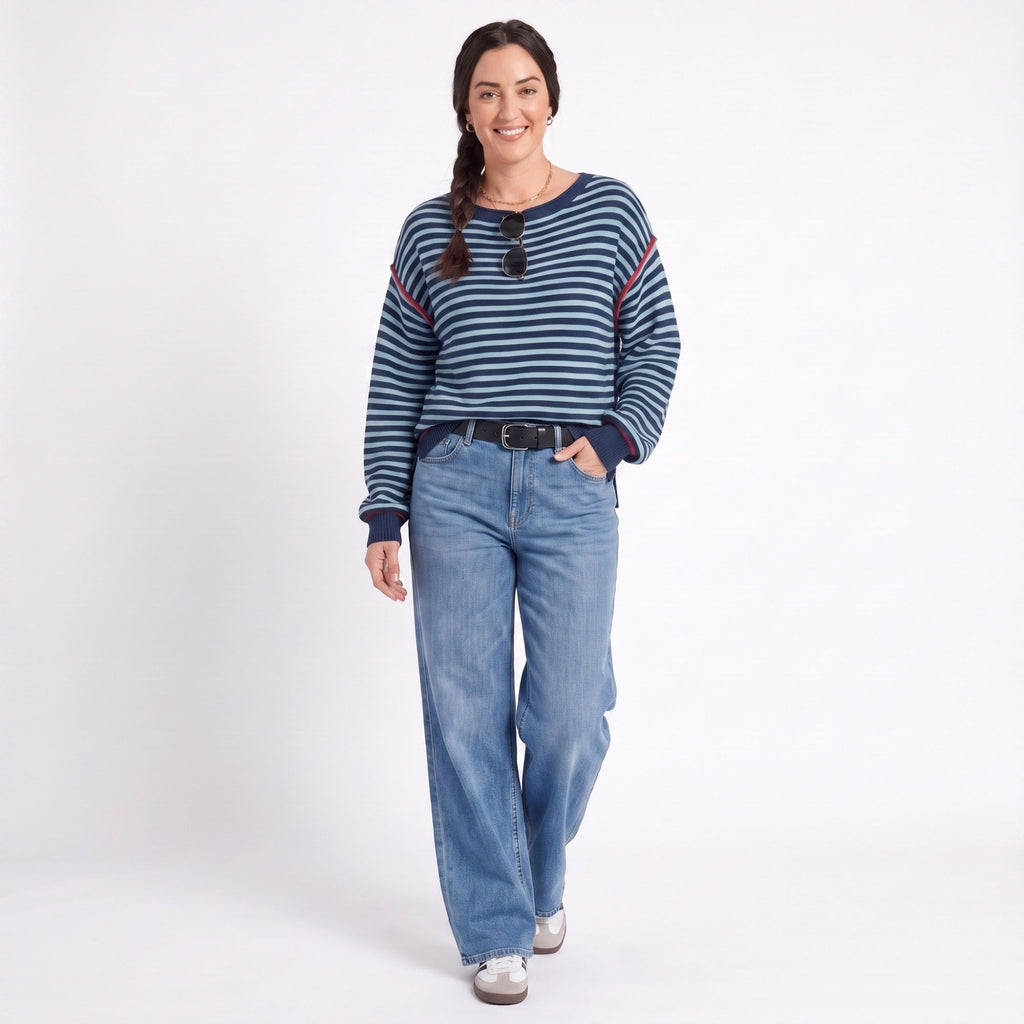 Striped Contrast Trim Drop Shoulder Long Sleeve Knit Sweater