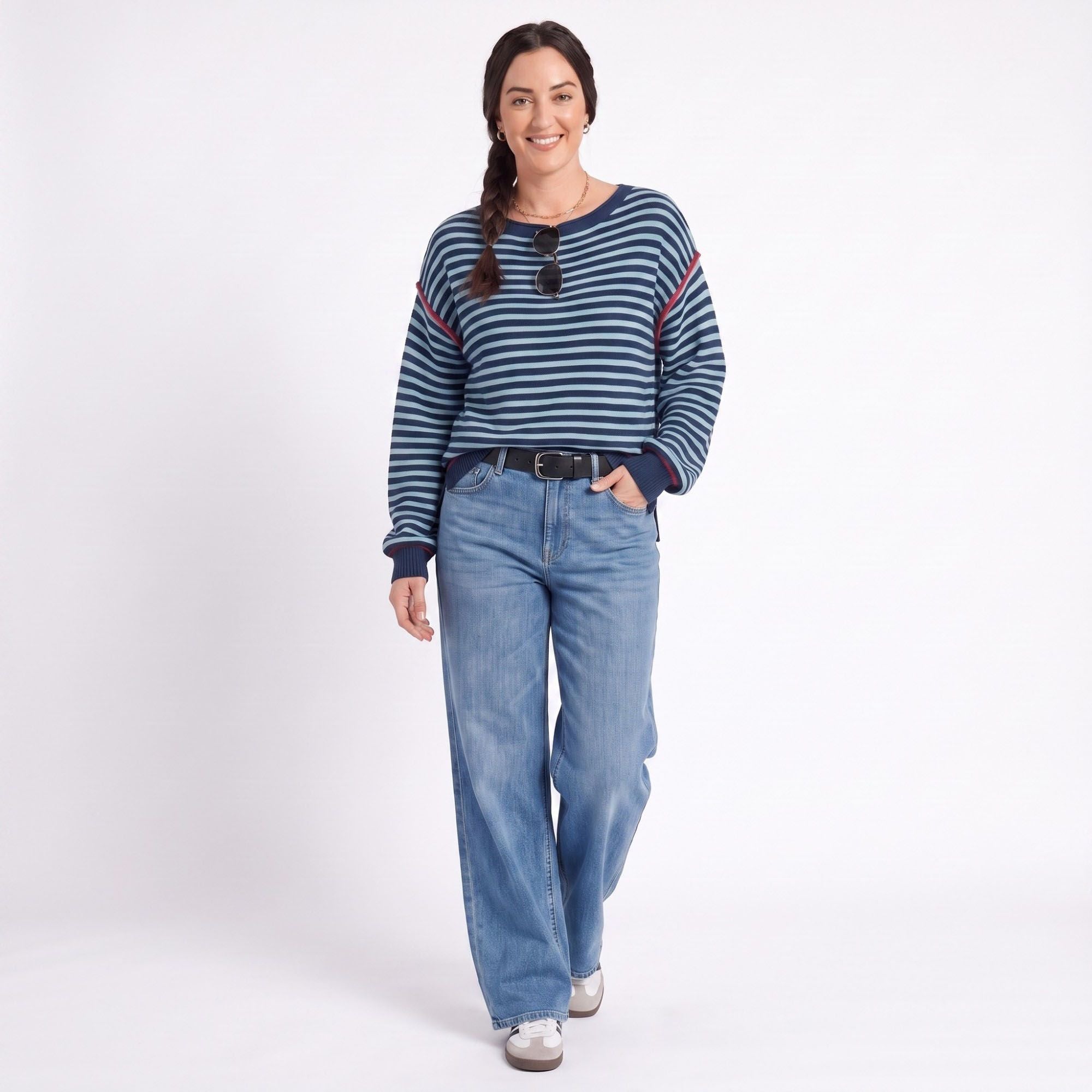 Striped Contrast Trim Drop Shoulder Long Sleeve Knit Sweater