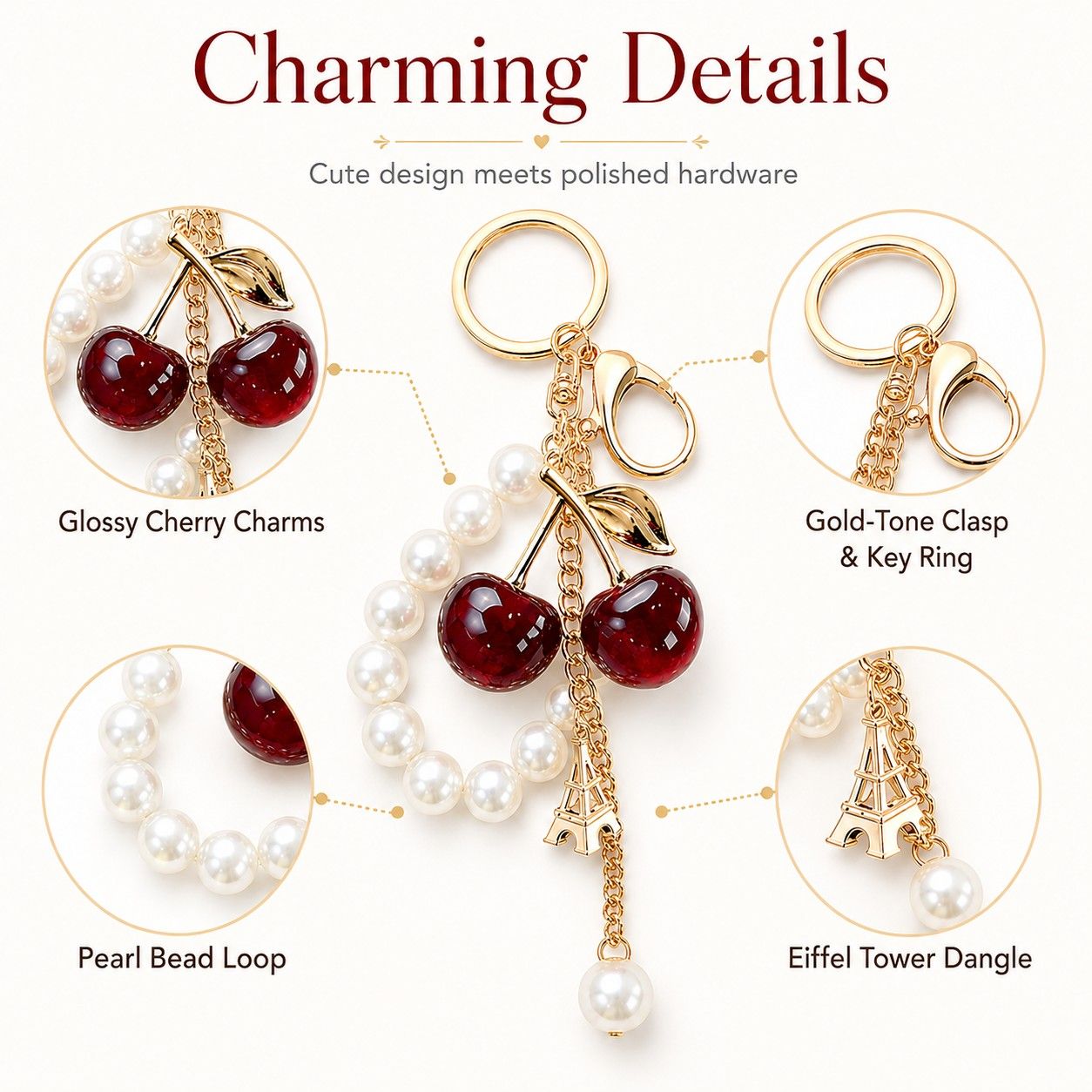 Cherry Bag Charm Keychain with Faux Pearl Loop and Gold-Tone Clips