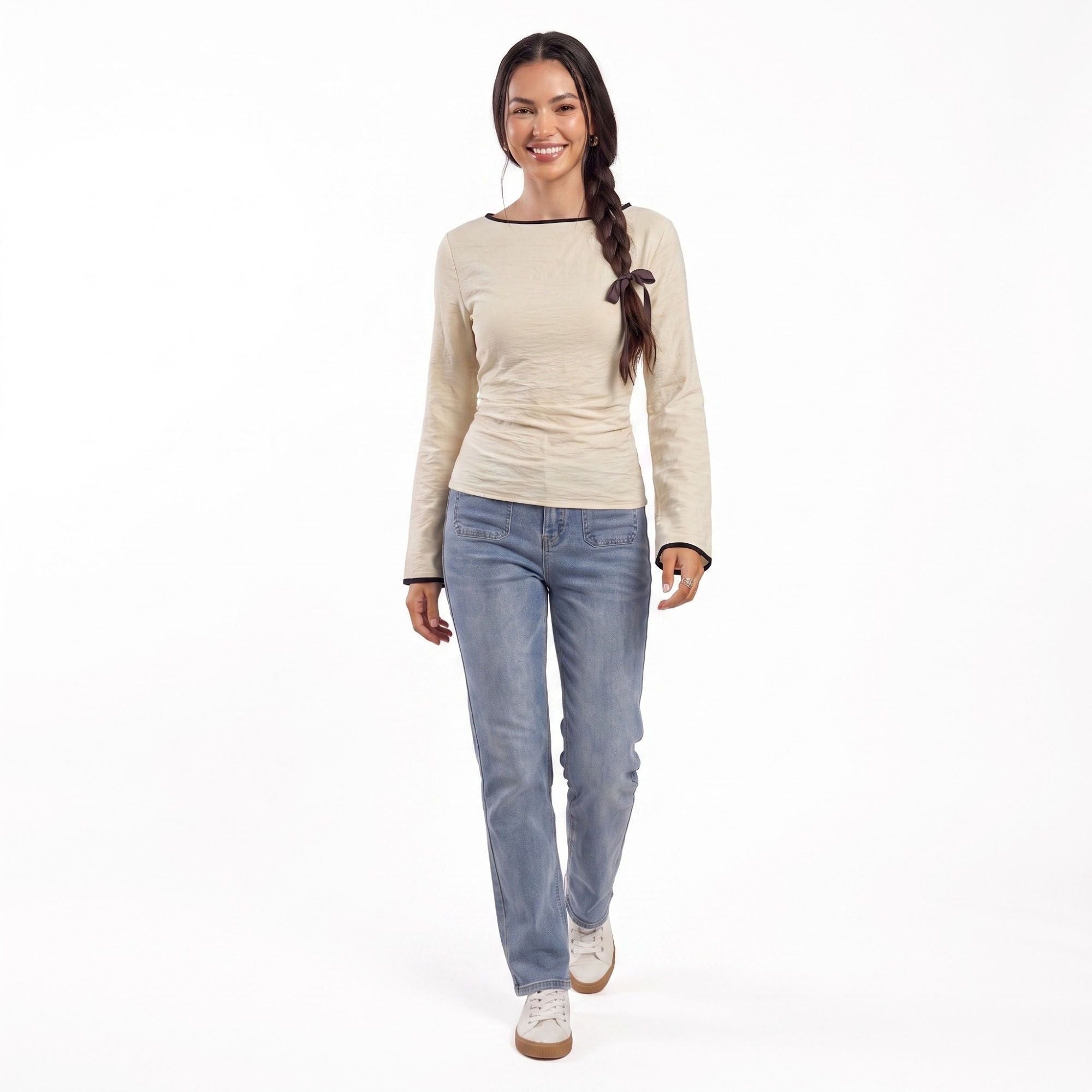 Contrast Trim Long Sleeve Top Boat Neck Ruched Waist Flared Cuffs