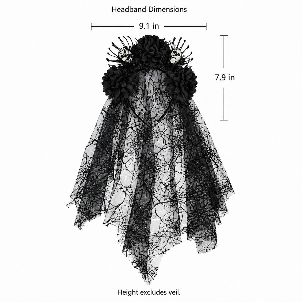 Halloween Floral Skull Headband with Spiderweb Lace Veil