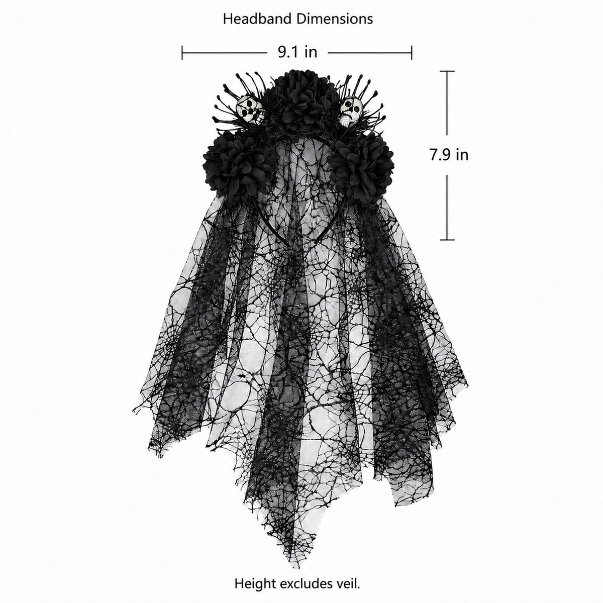 Halloween Floral Skull Headband with Spiderweb Lace Veil