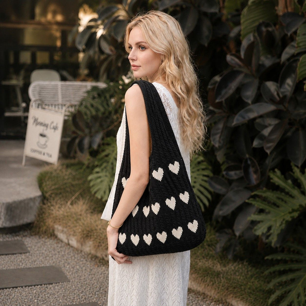 Knitted Heart Tote Bag Large Capacity Casual Shoulder Bag Lightweight Daily Bag