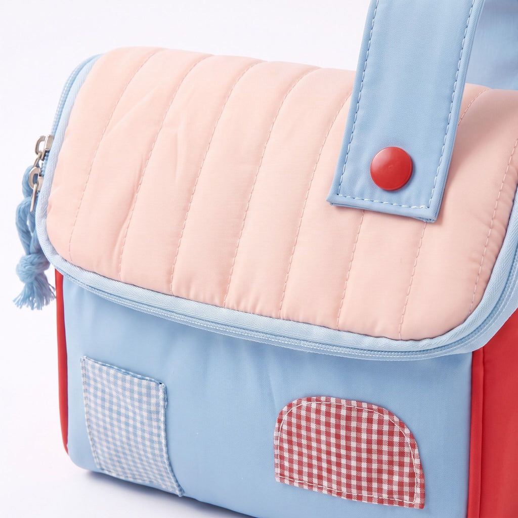 Womens Quilted Makeup Bag with Handle and Colorblock Patch Design