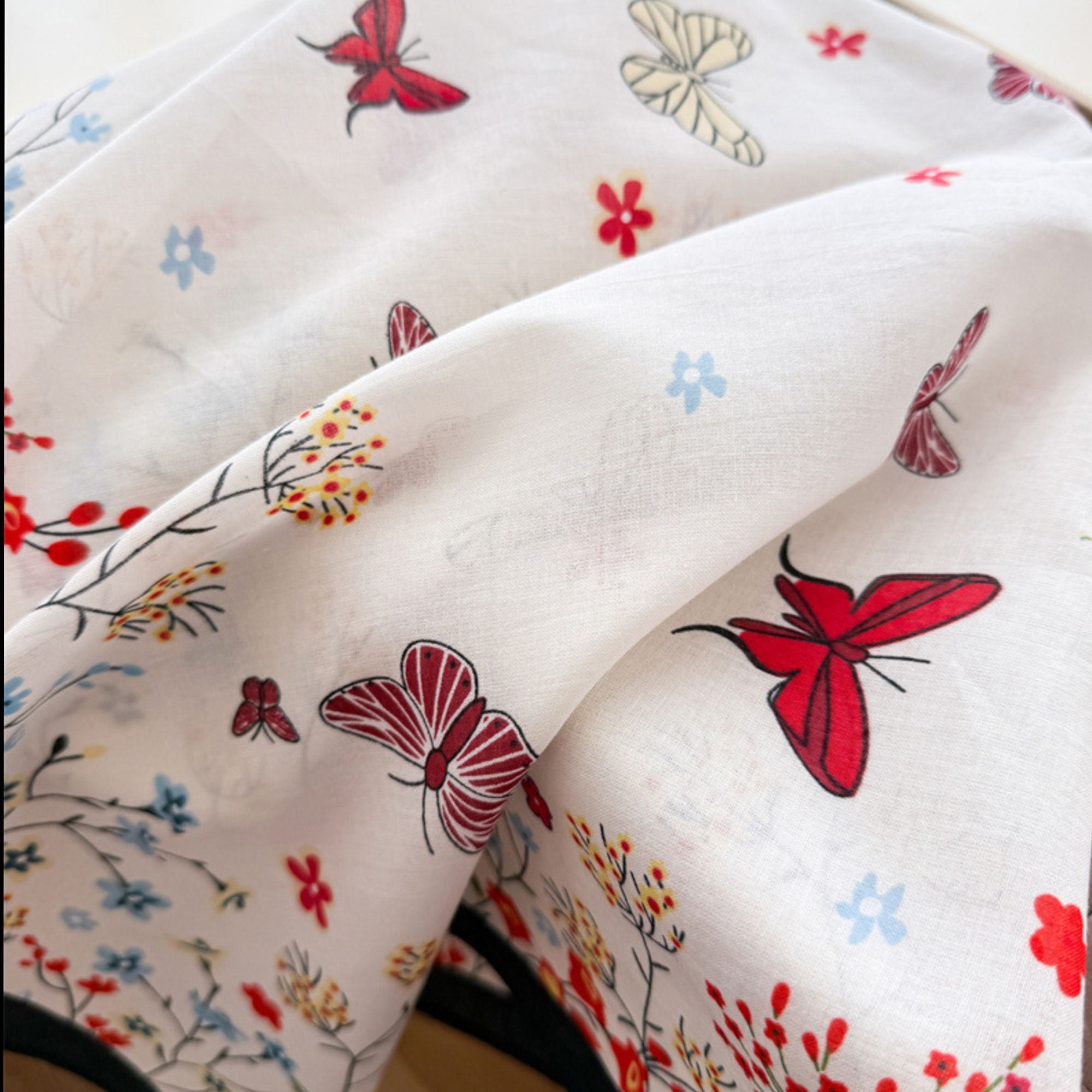 Pure Cotton Butterfly Floral Print Square Scarf Lightweight Fashion Neck Hair Scarf 25.5¡Á25.5 Inches