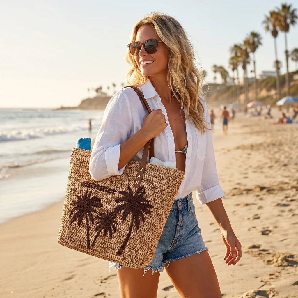 Palm Tree Woven Tote Bag Large Capacity Shoulder Handbag with Faux Leather Handles