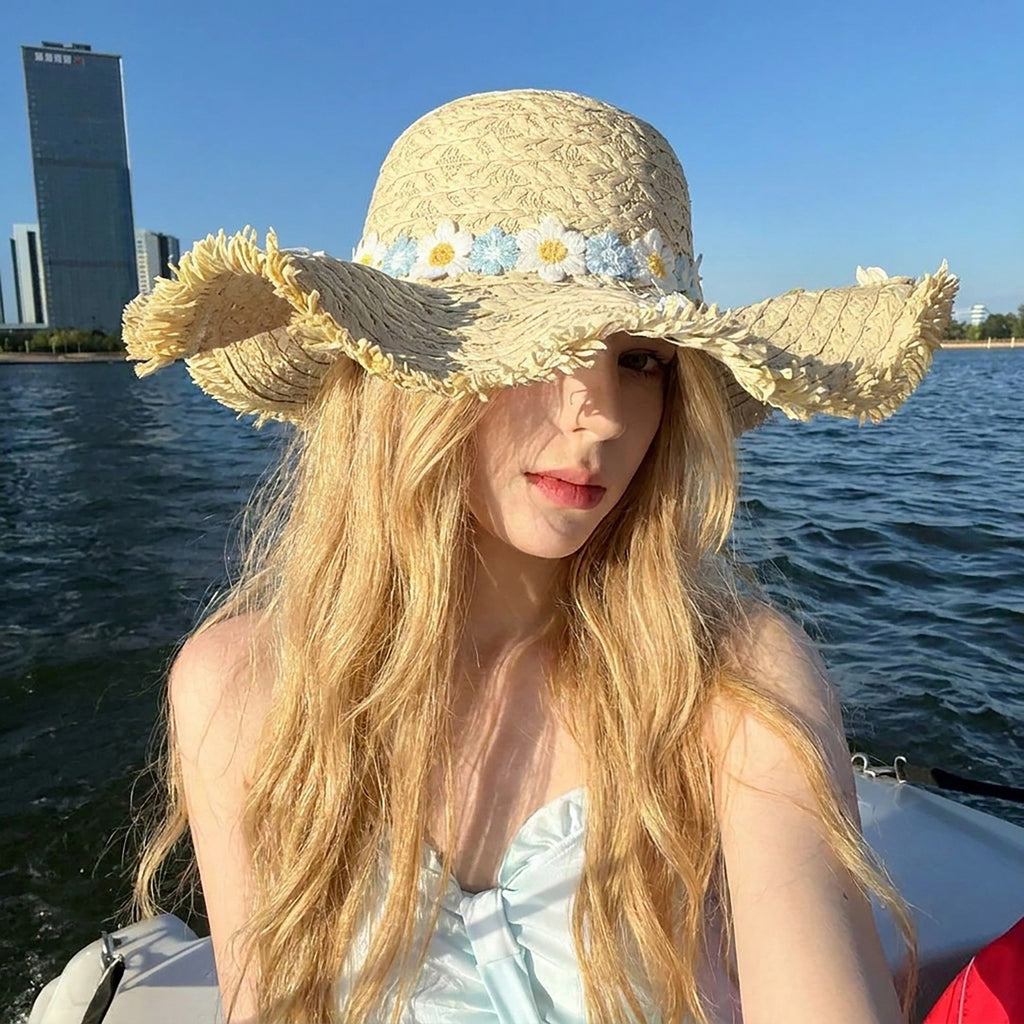 Braided Straw Sun Hat with Floral Applique Trim and Fringe Brim Design