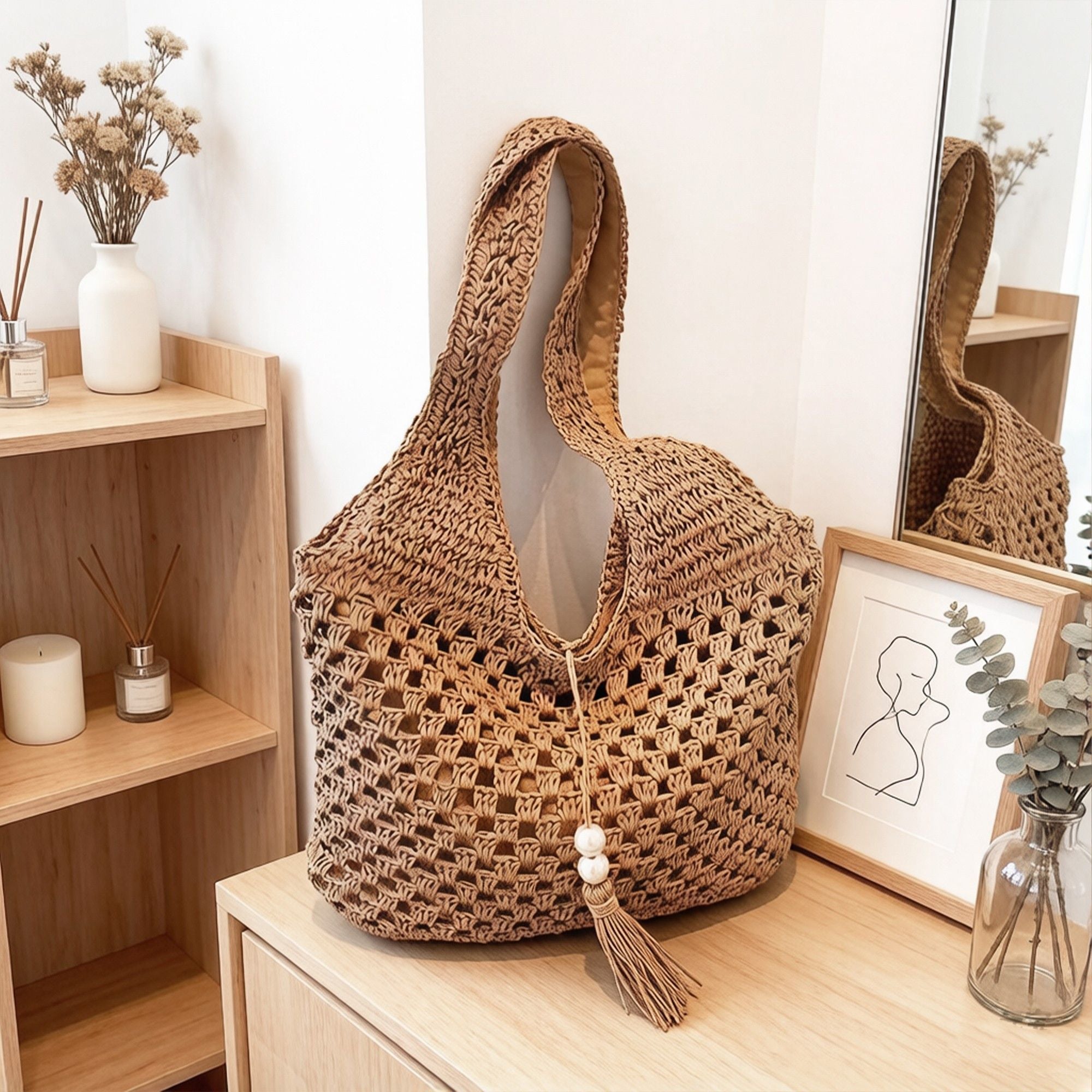 Crochet Shoulder Bag with Tassel Detail Soft Knit Handbag Lightweight Casual Everyday Tote