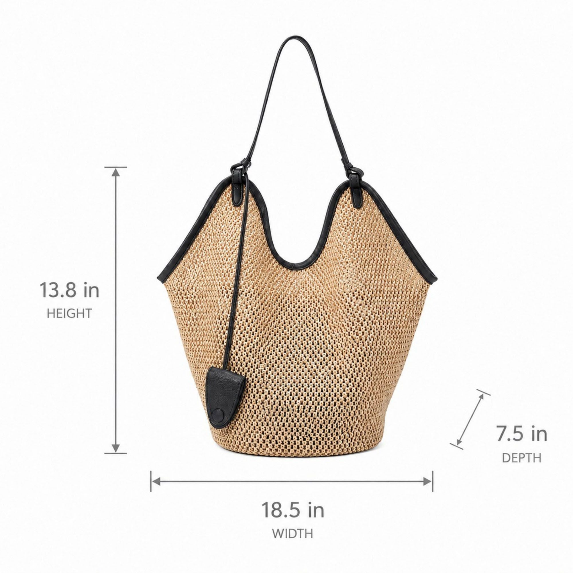 Woven Straw Style Tote Bag Large Capacity Shoulder Bag with Faux Leather Trim