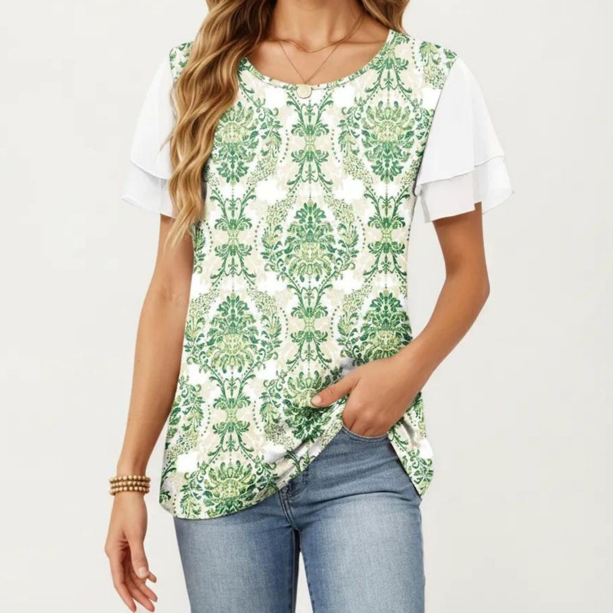 Anna-Kaci Women's Short Sleeve Top with Leopard Print Mesh Sleeves Round Neck Relaxed Fit Casual Shirt
