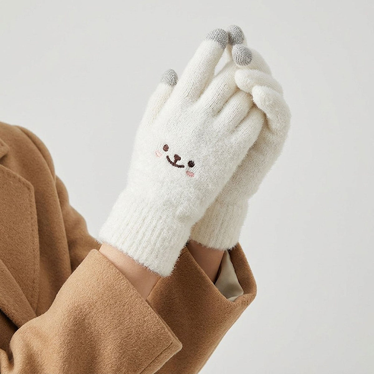 Fuzzy Knit Touchscreen Gloves with Embroidered Smiley Face