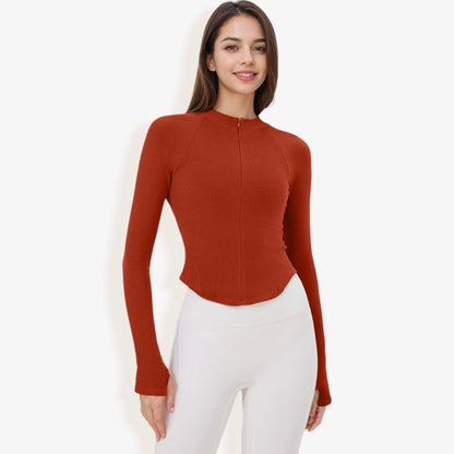 Long Sleeve Zip-Up Fitted Active Top with Thumbholes