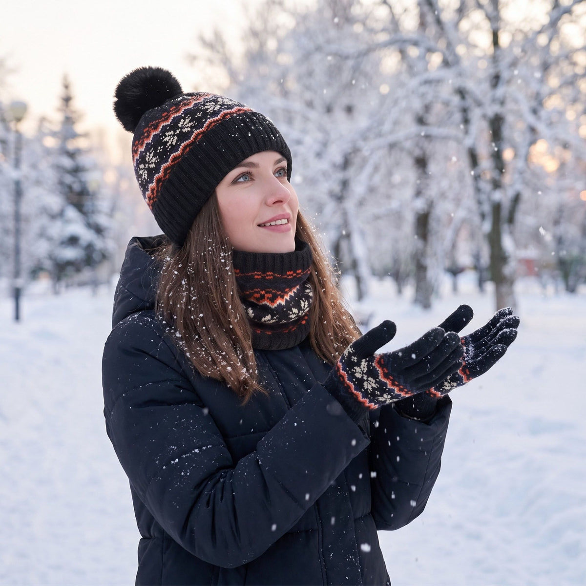 3 Piece Fair Isle Pom Beanie Neck Warmer and Gloves Set