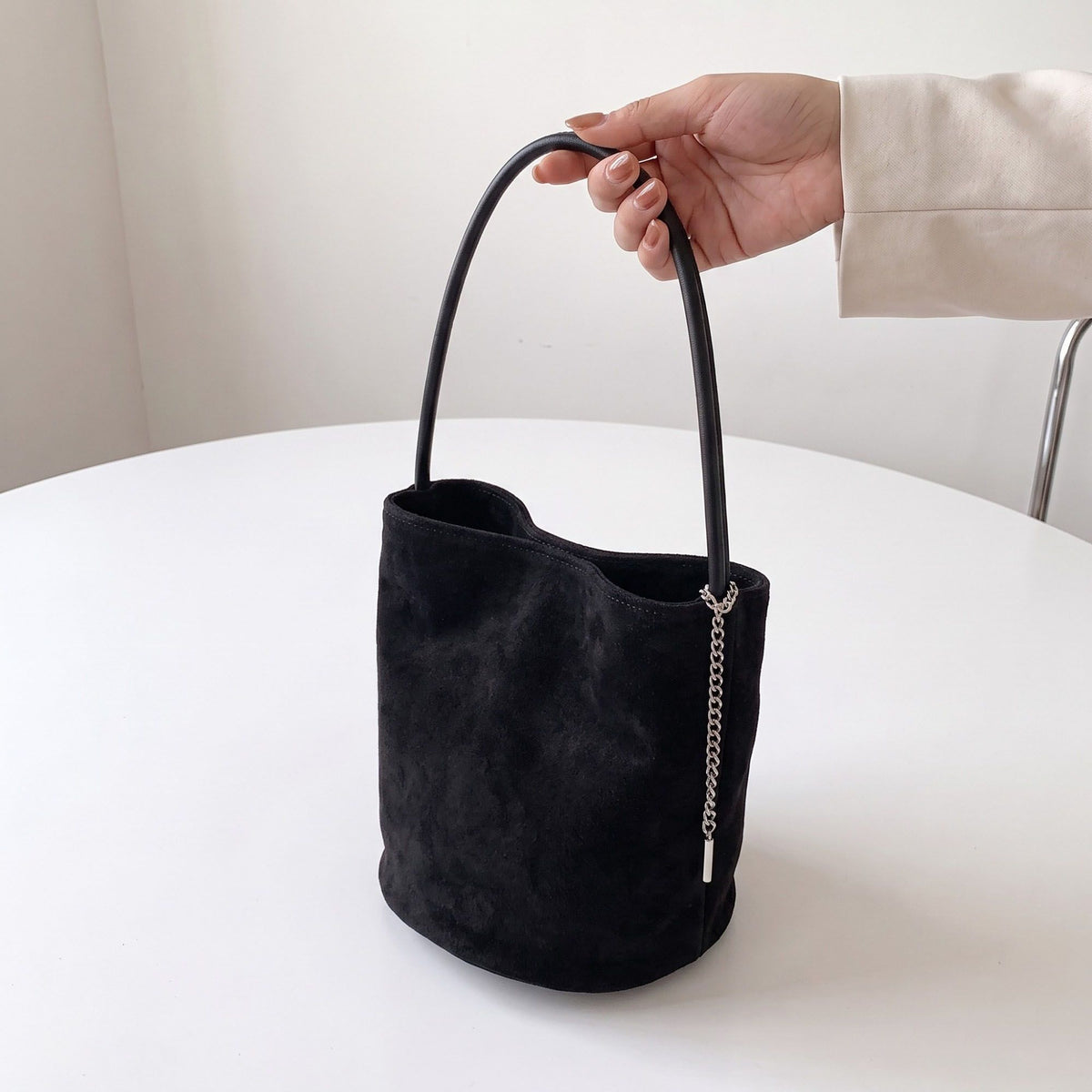 Faux Suede Bucket Shoulder Bag with Chain Accent