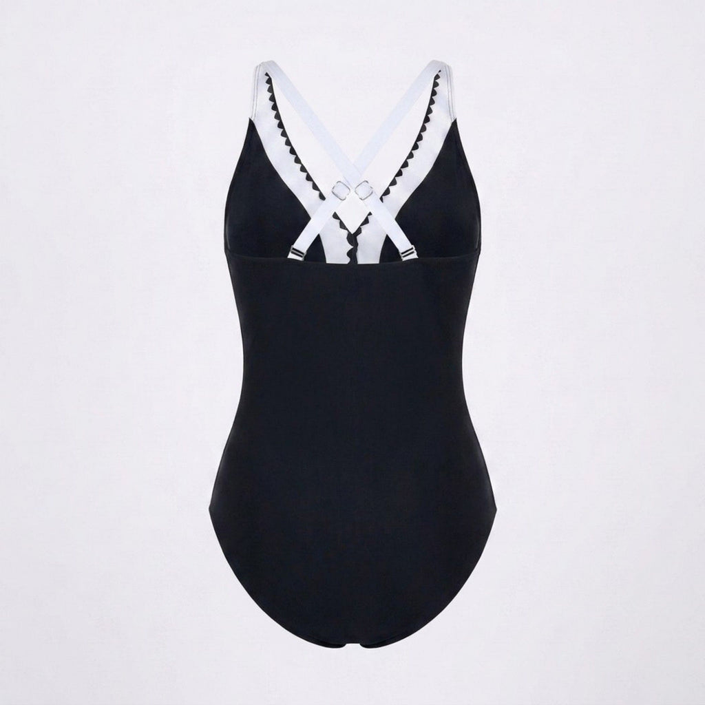 Anna-Kaci Swim Womens One Piece Swimsuit with V Neck Contrast Trim Scallop Detail and Adjustable Crisscross Straps