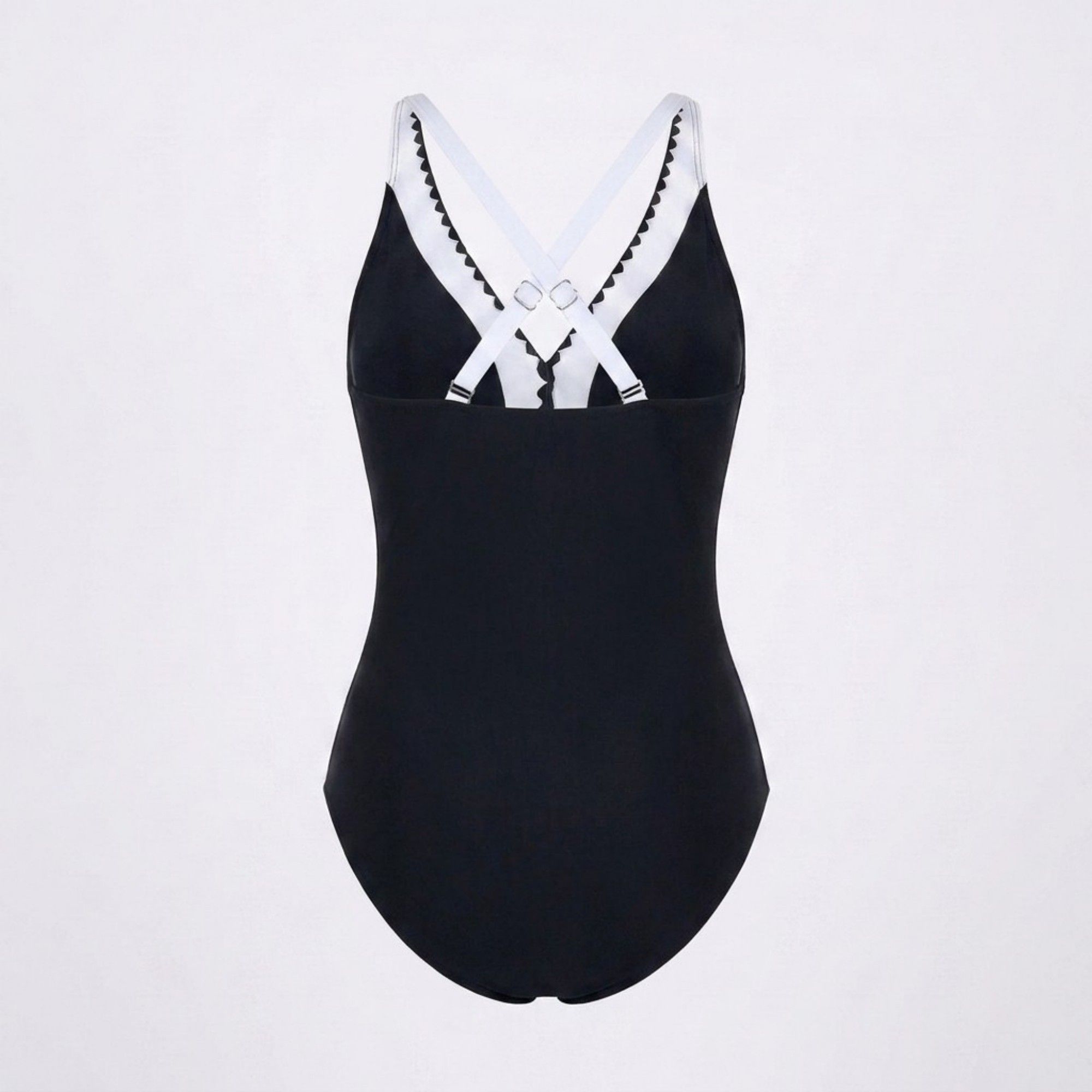 Anna-Kaci Swim Womens One Piece Swimsuit with V Neck Contrast Trim Scallop Detail and Adjustable Crisscross Straps