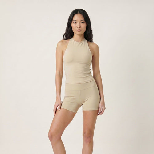 2-Piece Set Sleeveless High Neck Tank Top and Fitted Shorts Sleepwear Lounge Set with Soft Stretch Knit Feel
