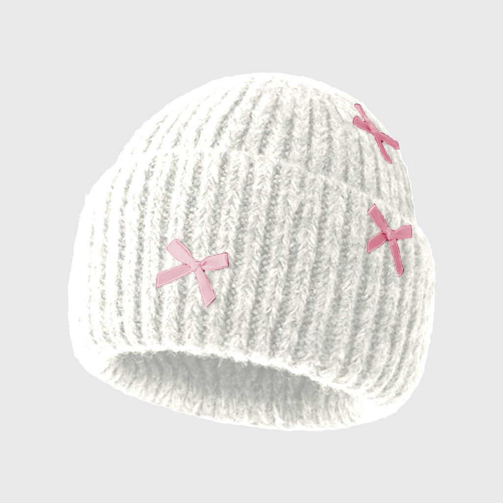 Anna-Kaci Women's Ribbed Knit Beanie with Bow Accents - Cute Soft Winter Hat for Casual Daily Wear