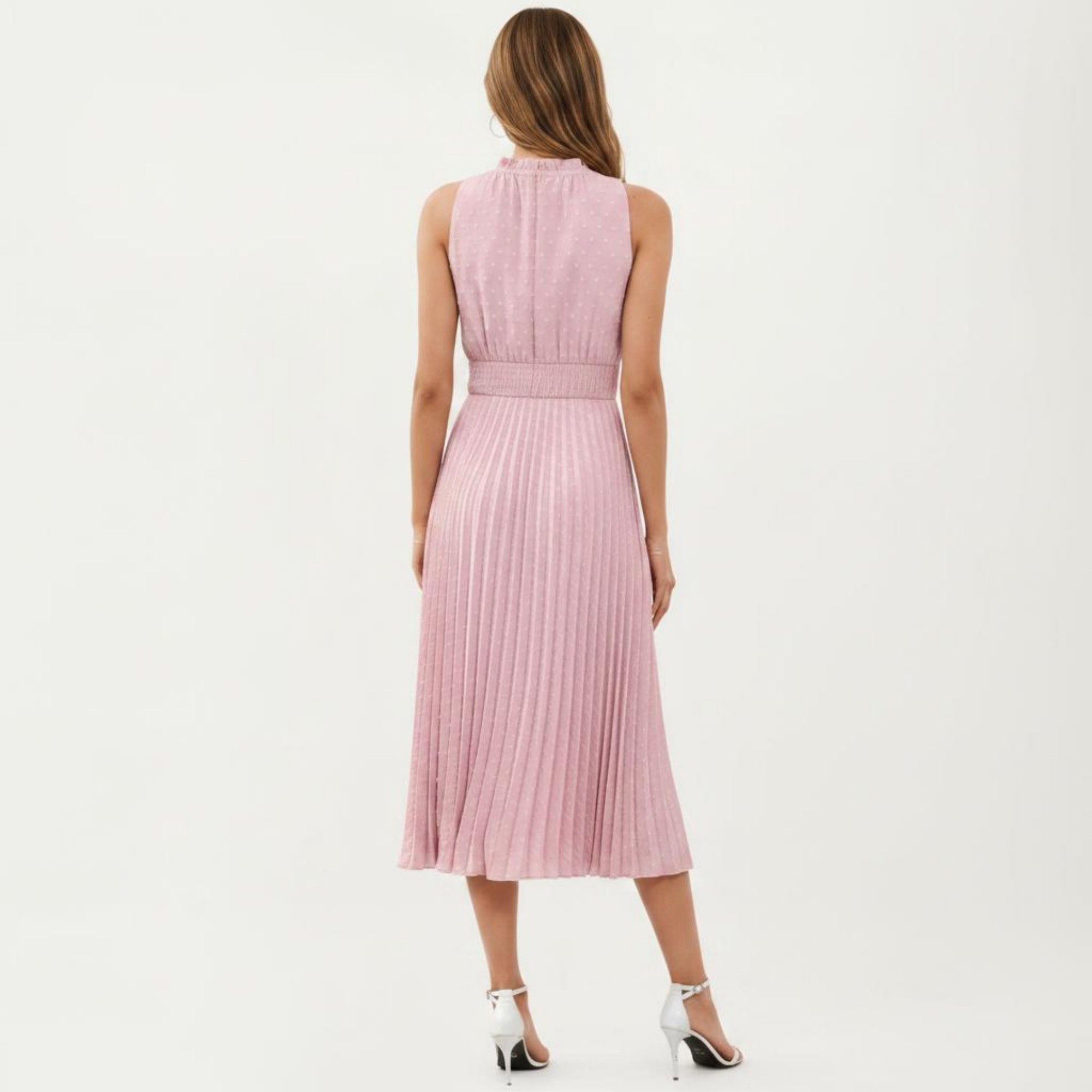 Anna-Kaci Women's Sleeveless Midi Dress with Pleated Skirt and Tie Neck Detail
