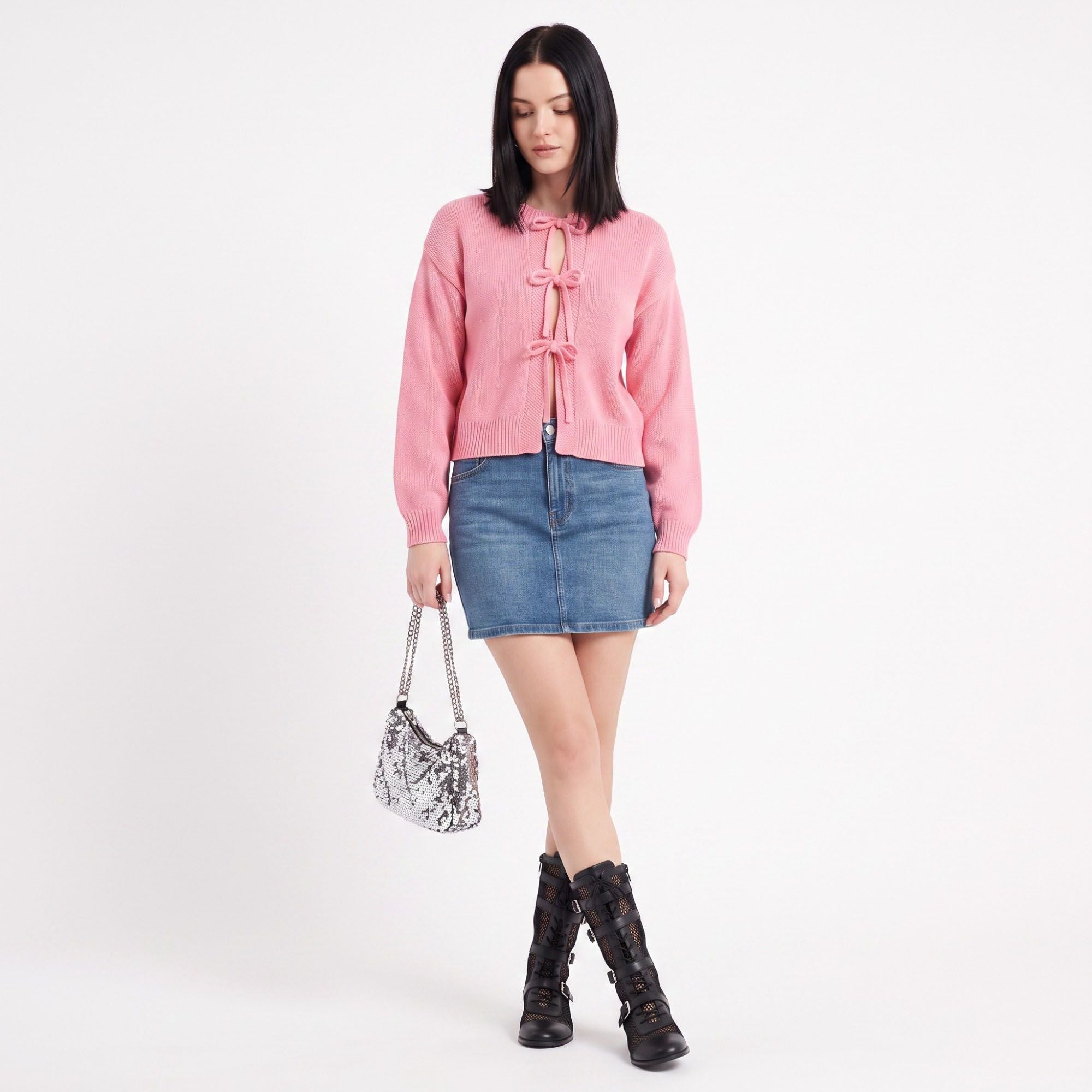 Tie-Front Long Sleeve Cropped Knit Cardigan
