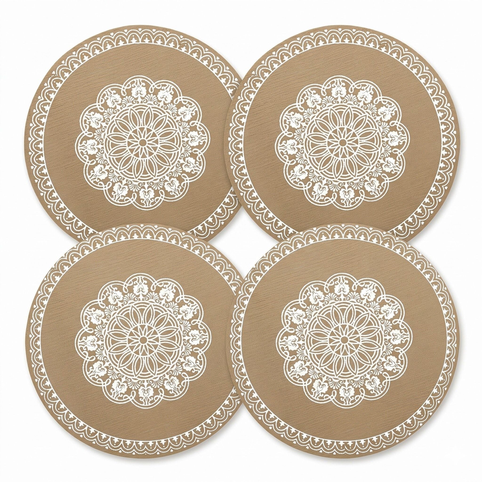 4 Piece Mandala Placemat Set Metallic PVC Heat Resistant Round Table Mats for Dining Table