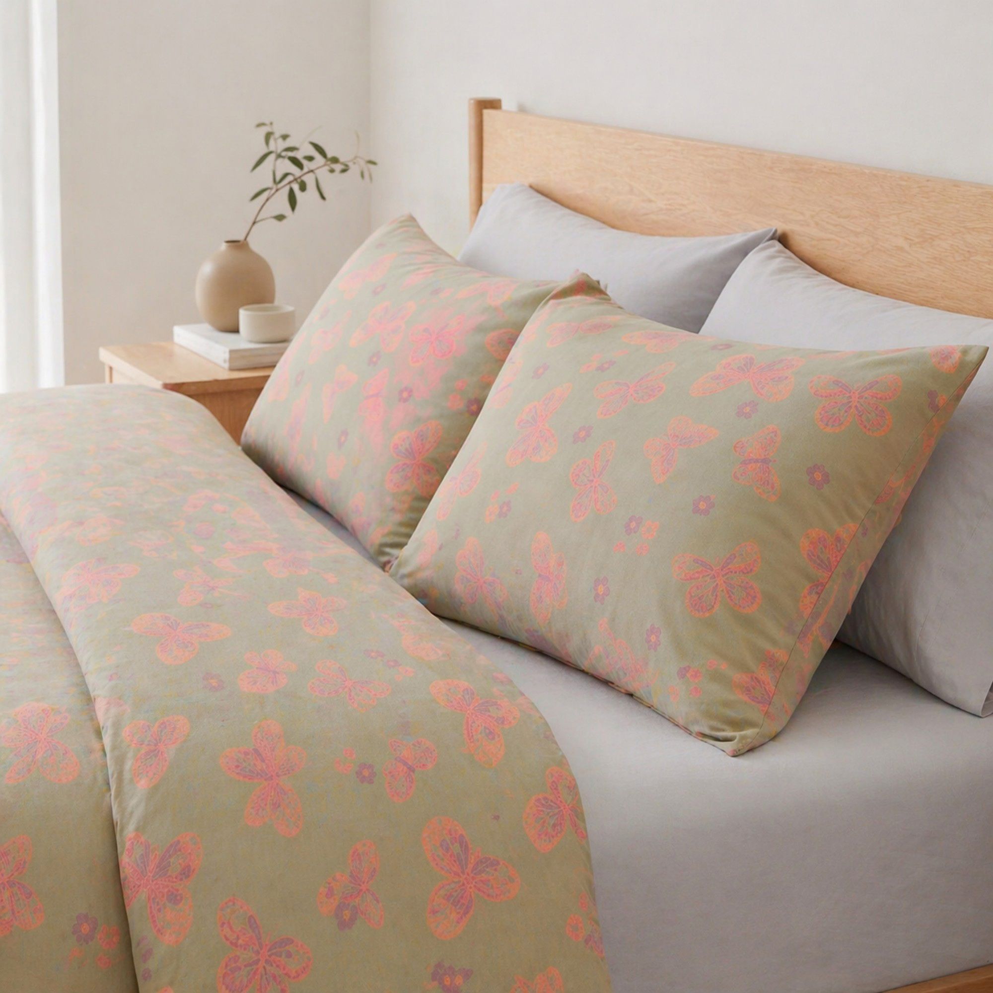 4-Piece Cotton Bedding Set with Butterfly Print Duvet Cover and Pillowcases
