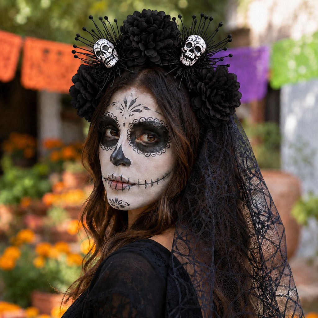 Halloween Floral Skull Headband with Spiderweb Lace Veil