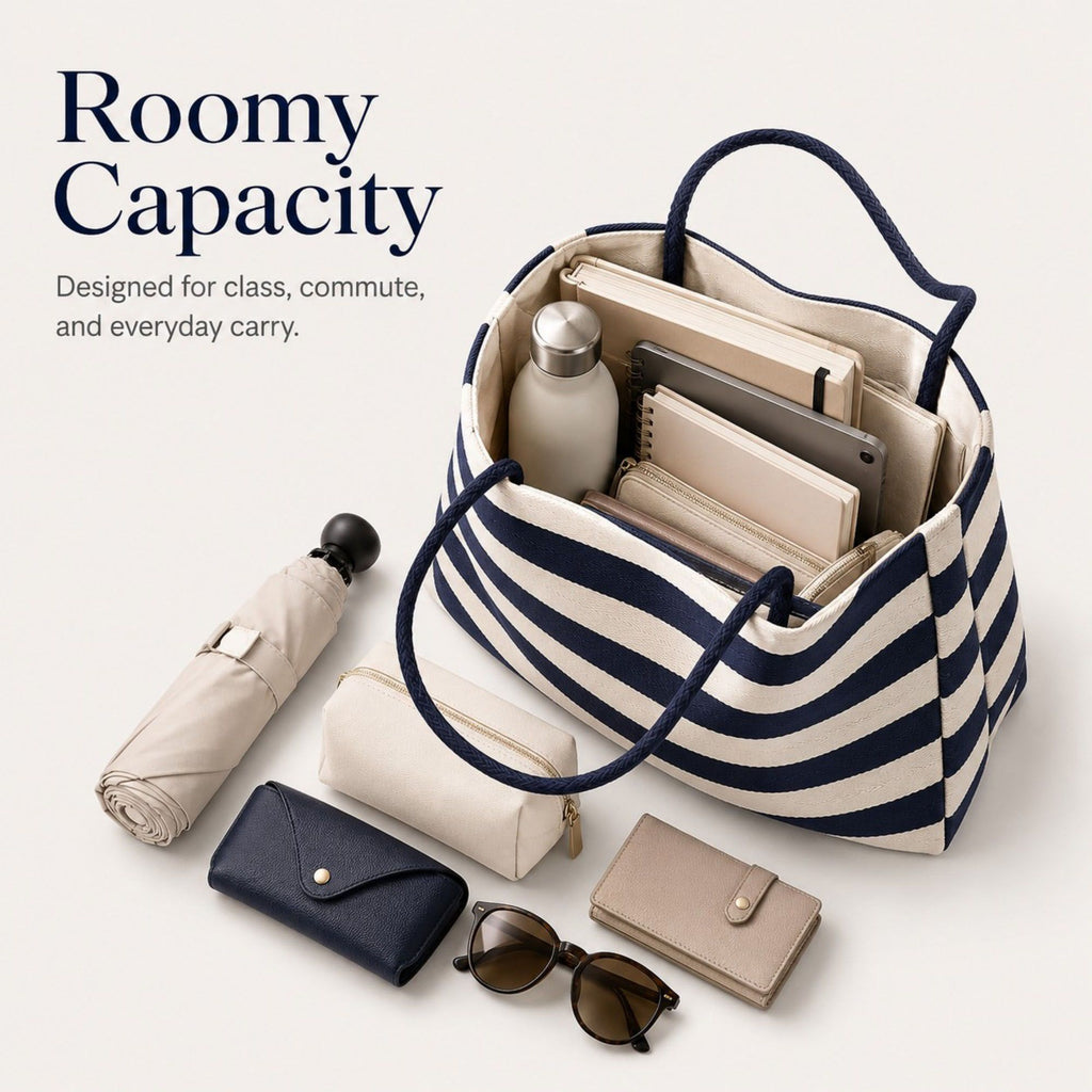 Striped Tote Bag with Large Capacity Soft Shoulder Carry Design
