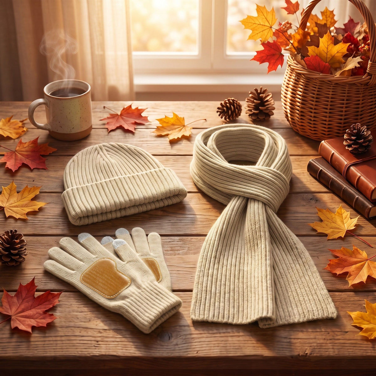 3 Piece Ribbed Knit Beanie Scarf and Touchscreen Gloves Set