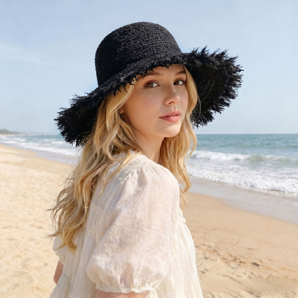 Straw Bucket Hat Frayed Edge Wide Brim Sun Hat Summer Beach UV Protection Cap
