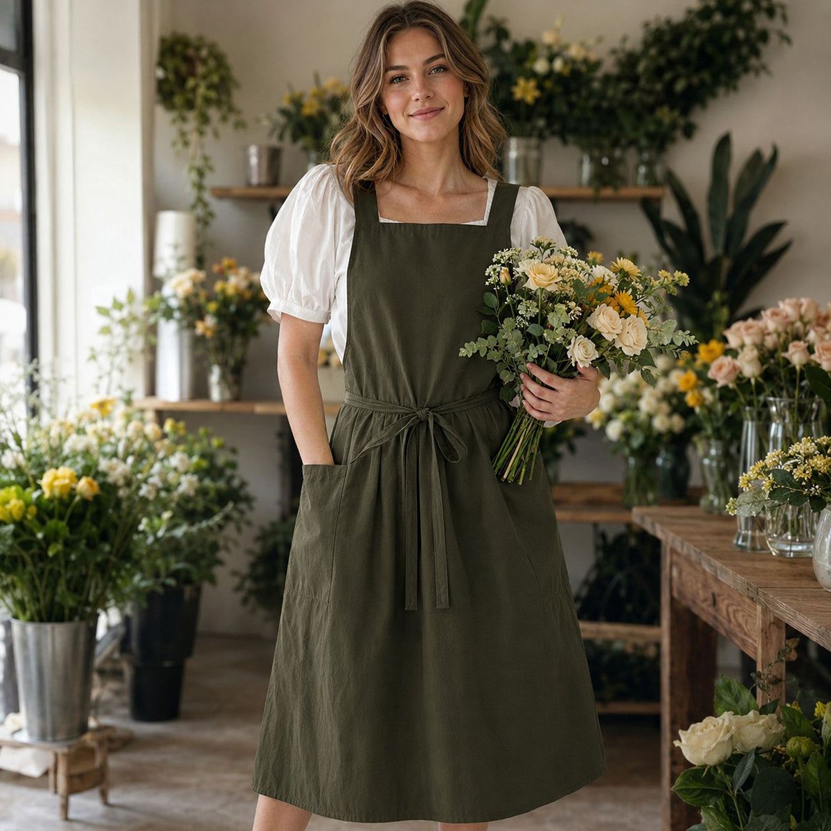 Water Resistant Cross Back Apron with Pockets and Waist Tie