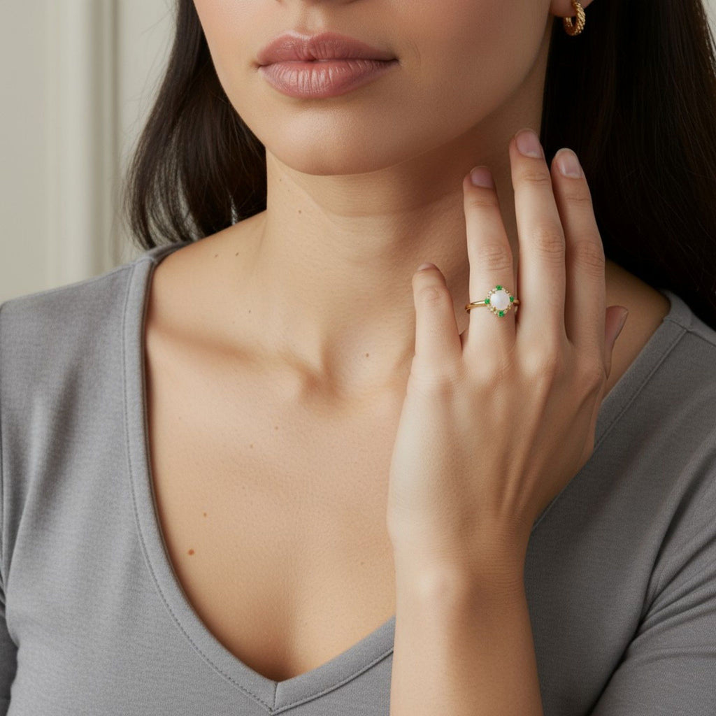 Women's White Jade Ring with Crystal Halo and Green Gemstone Accents