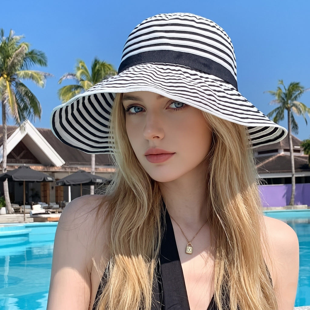 Striped Sun Hat Wide Brim Summer Beach Hat Bow Tie Lightweight Packable