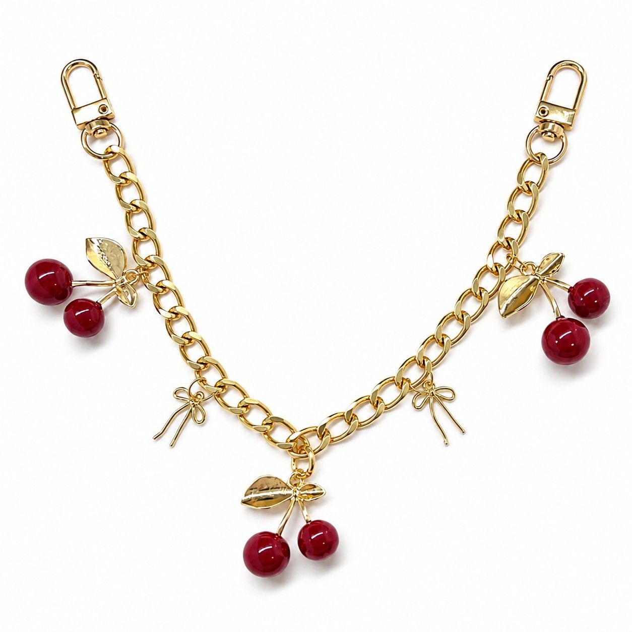 Cherry Charm Decorative Bag Chain with Double Clasps and Gold-Tone Hardware