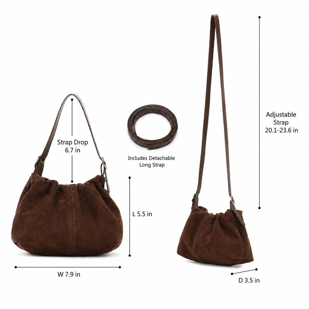 Faux Suede Hobo Shoulder Bag with Adjustable Strap Magnetic Closure and Interior Pocket