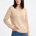 V-Neck Openwork Sleeve Long Sleeve Knit Sweater