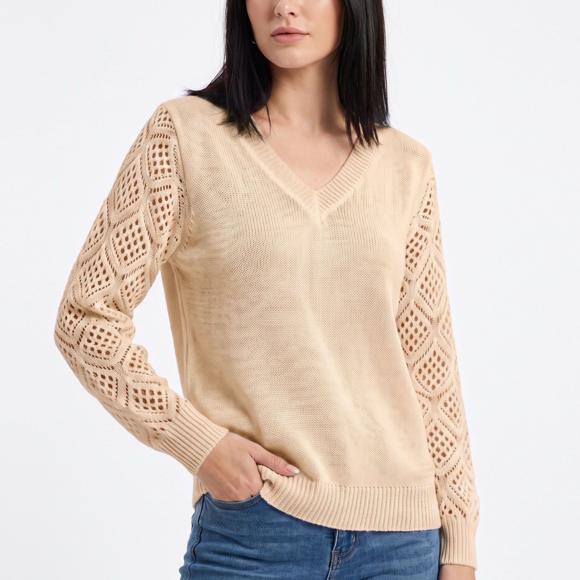 V-Neck Openwork Sleeve Long Sleeve Knit Sweater
