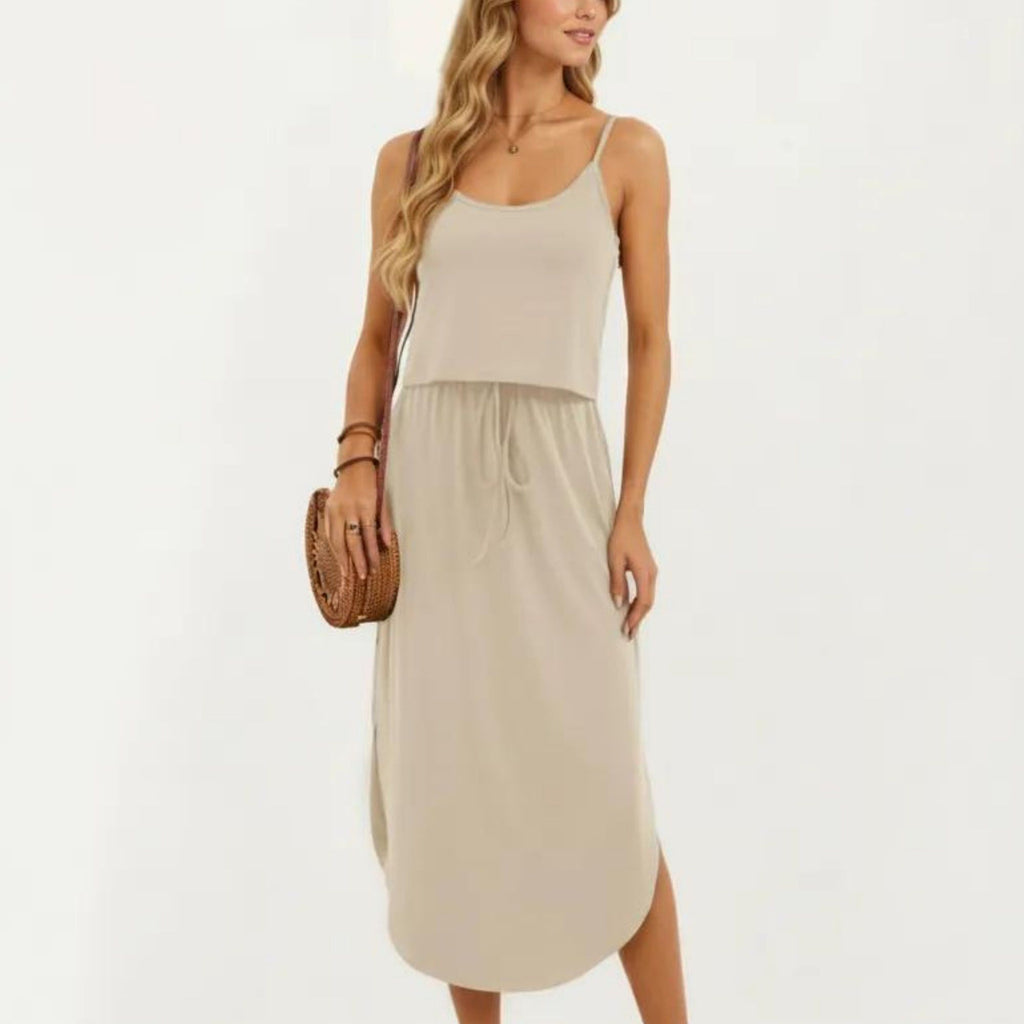 Anna-Kaci Women's Sleeveless Midi Dress with Spaghetti Straps and Adjustable Drawstring Waist Relaxed Fit Silhouette