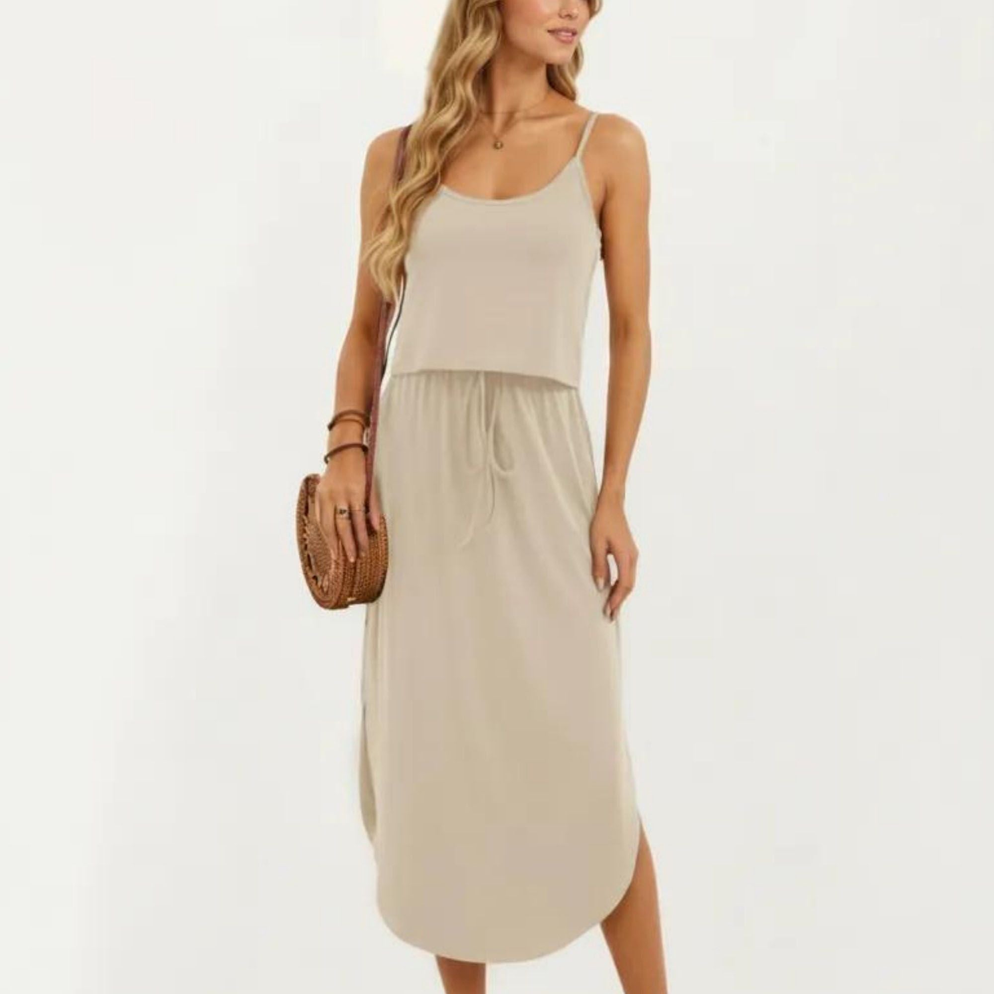 Anna-Kaci Women's Sleeveless Midi Dress with Spaghetti Straps and Adjustable Drawstring Waist Relaxed Fit Silhouette