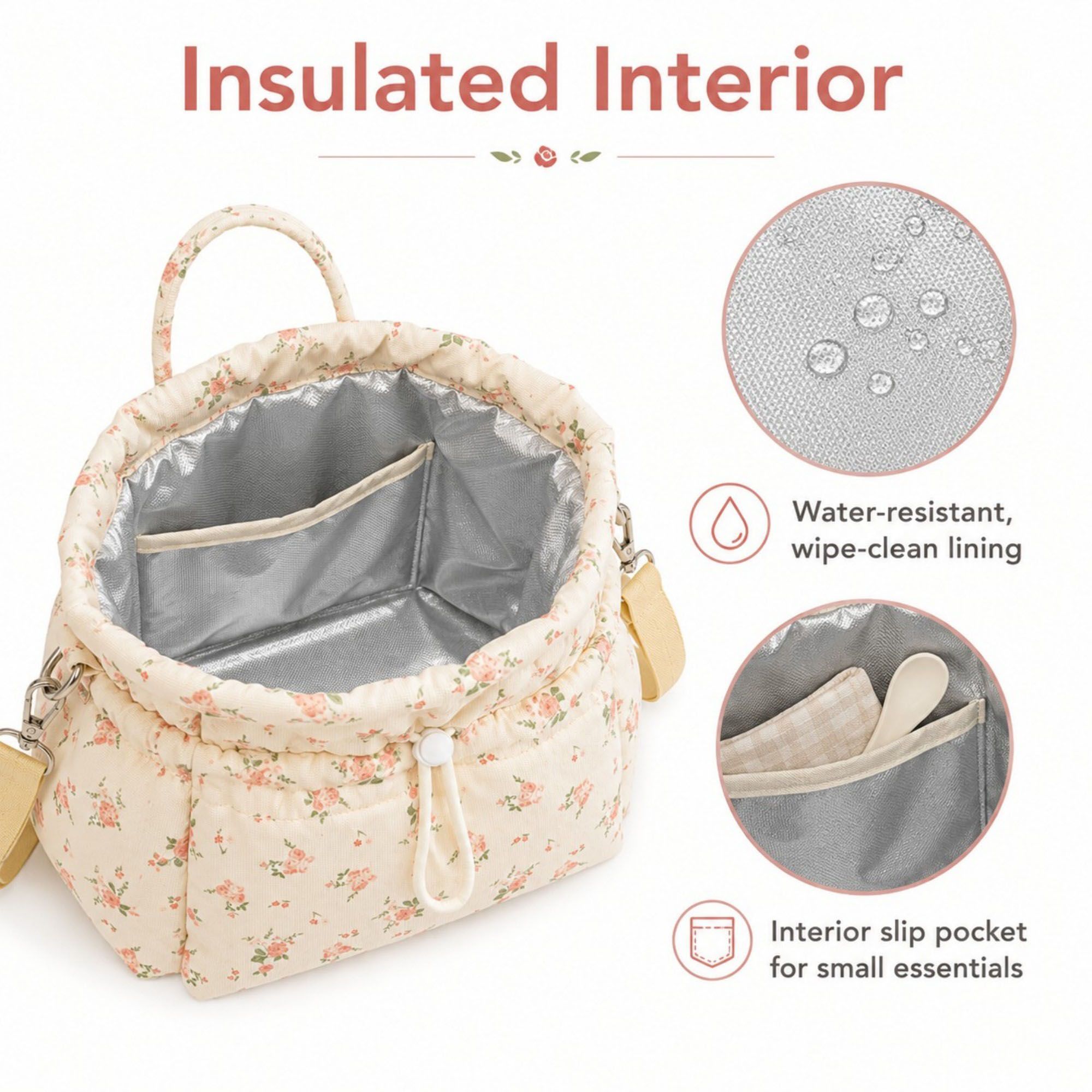 Insulated Drawstring Lunch Bag with Pockets, Top Handles and Shoulder Strap